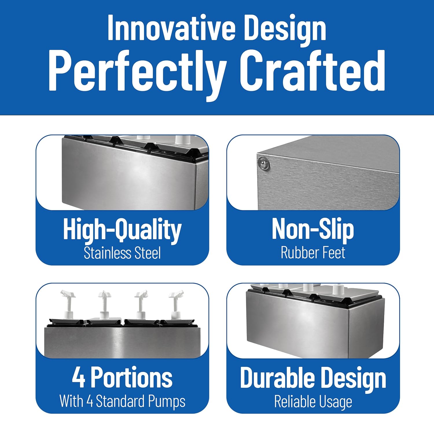 Carlisle FoodService Products Condiment Rail Condiment Center with 4 Standard Pumps for Gas Stations, Restaurants, and Fast Food Stainless Steel, 19.25 X 7.75 X 12.5 Inches, Silver
