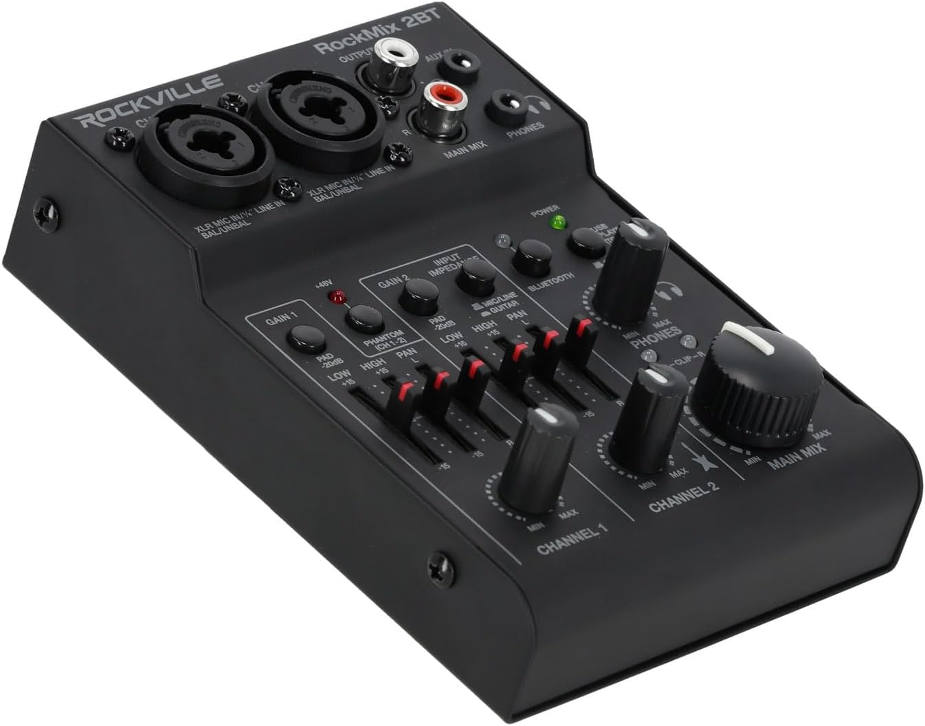 Rockville Bundle: RockMix 2BT Mixer Bundle with (2) RCM03 Mics & (2) PRO-M50 Headphones and RHPA4 Amp and TS1224 Cable & (2) R-BOOM 34 Boom Arms (9 Items)