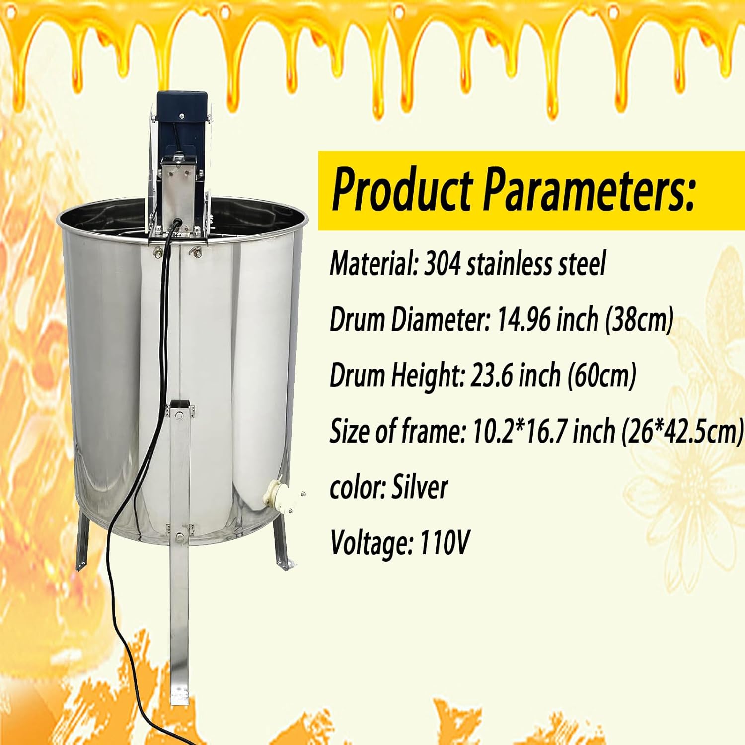 Electric 3 Frame Honey Extractor Stainless Steel Beekeeping Extraction Separator Machine Honeycomb Drum Spinner Apiary Centrifuge Equipment 110V