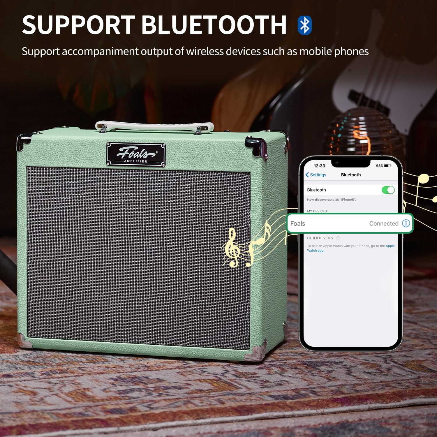 FOALS FW20 20W Electric Guitar Practice Amp, Dual-Channel Clean/Drive Combo Amplifier with Bluetooth, Headphone Output & 8-Inch Speaker (Green)