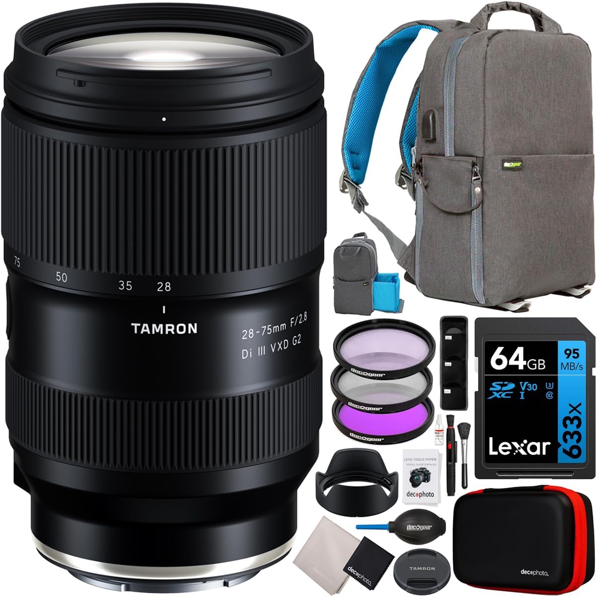 Tamron 28-75mm F/2.8 Di III VXD G2 Lens for Nikon Z-Mount Full Frame Mirrorless Cameras Model A063 Bundle with Deco Gear Photography Backpack + UV Polarizer FLD Filter Kit + 64GB Card and Accessories