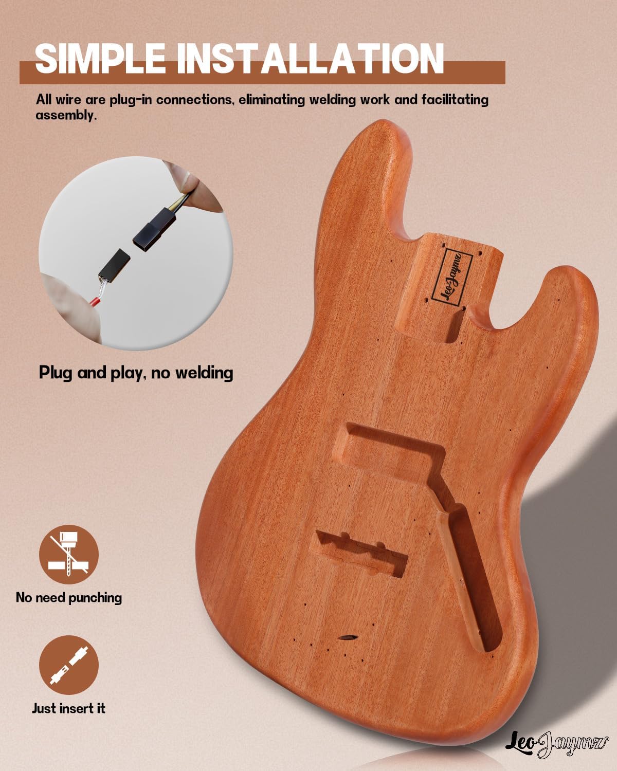 Leo Jaymz DIY Electric Bass Guitar Kits - Mahogany Body, Roasted Maple Neck and Laurel Wood Fingerboard - Fully Components Included (JB)