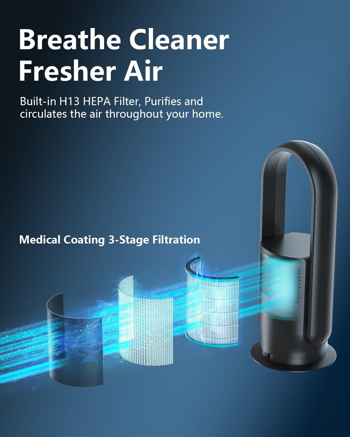 ULTTY Bladeless Tower Fan and Air Purifier in one, 90° Oscillating Bladeless Fan with Remote, Touch, 8H Timer, Floor Fans for Bedroom Whole Room Home Office R021, Black