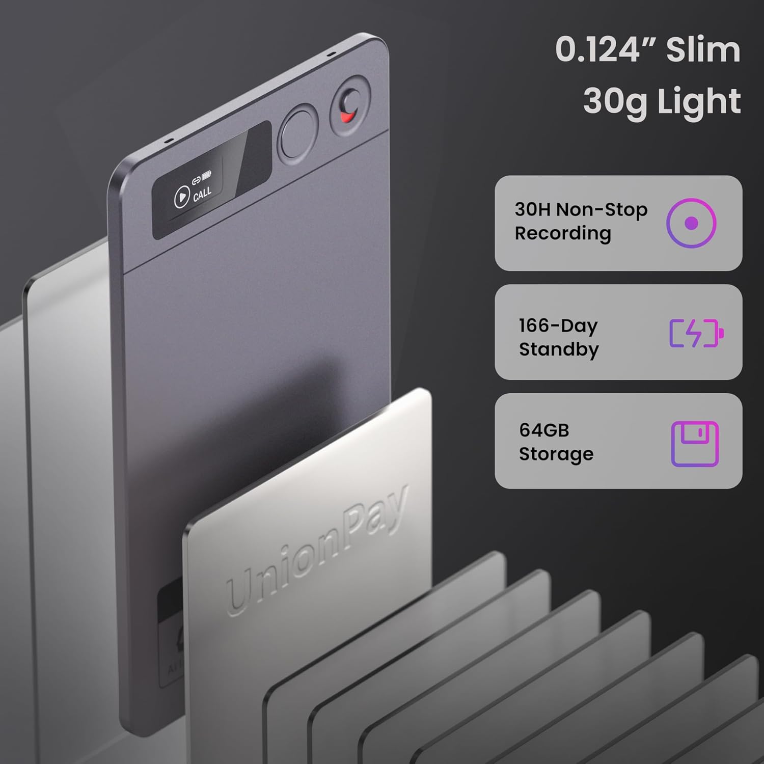 AI Voice Recorder, Note Voice Recorder Transcribe & Summarize, AI Noise Cancellation Technology, Supports 152 Languages, 64GB Memory APP Control Audio Recorder for Lectures, Meetings, Calls, Dark Gray