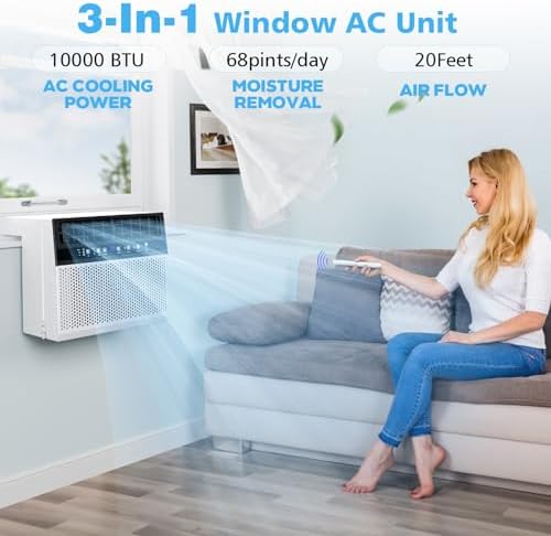 Joy Pebble 10000 BTU Window Air Conditioner, Window Air Conditioner for Room Cools Up to 450sq.ft, Window AC Unit with Cooling, Dehumidifier and 3 Fan Speed, 24-Hour Timer & ECO Mode