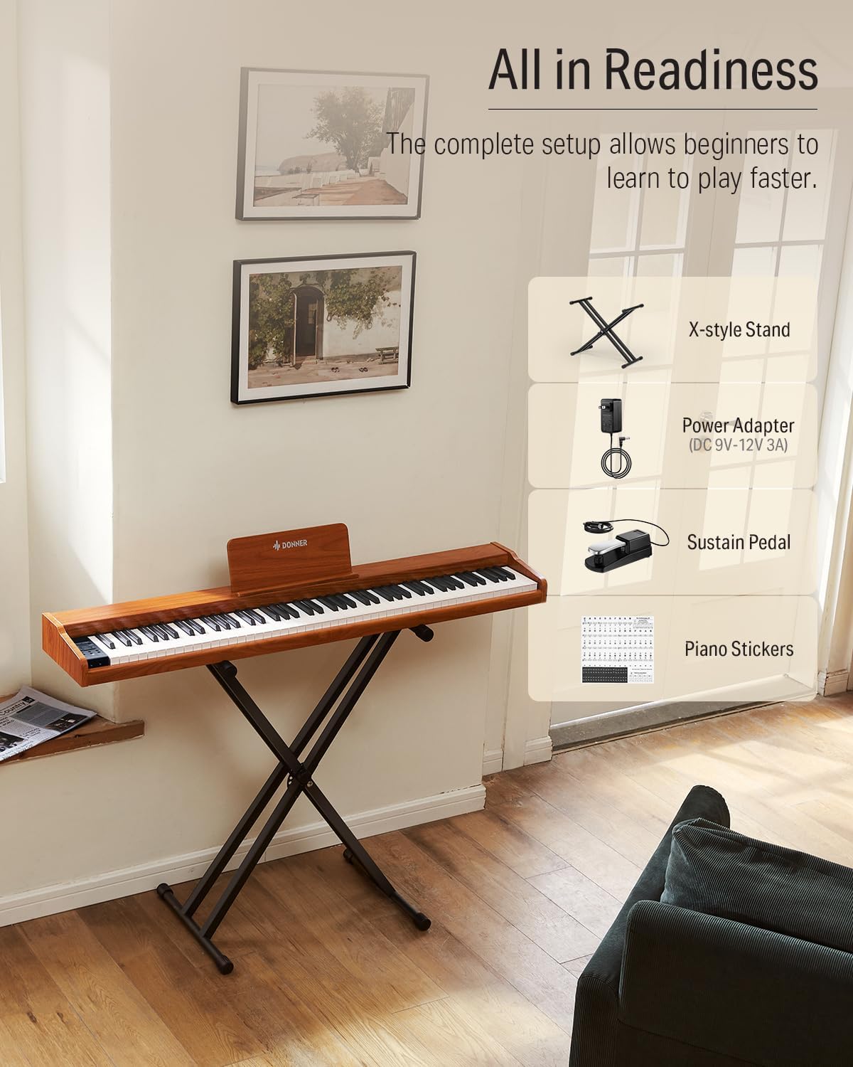 Donner DEP-1S Piano Keyboard 88 Keys, Beginner Digital Piano with 88 Key Velocity-Sensitive Keyboard, Record, Bluetooth, Chord, Bundle With Piano Stand, Piano Stickers, Sustain Pedal, Retro Wood Color