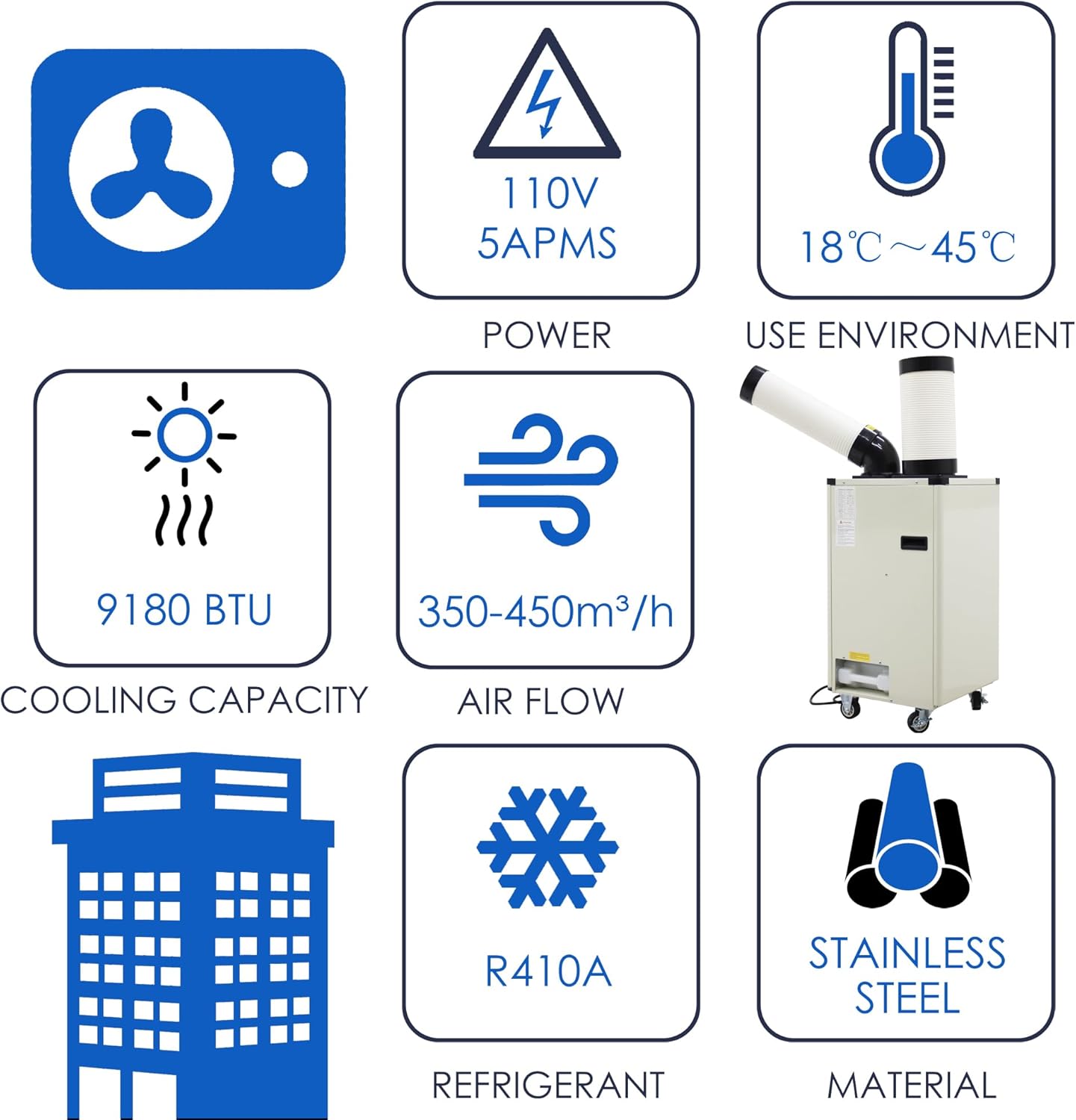 Portable Air Conditioner 9180 BTU Industrial Spot Cooler Air Conditioner 350-450m³/h Mobile Outdoor Indoor Cooling Aircon Louver Type 110V 1000W