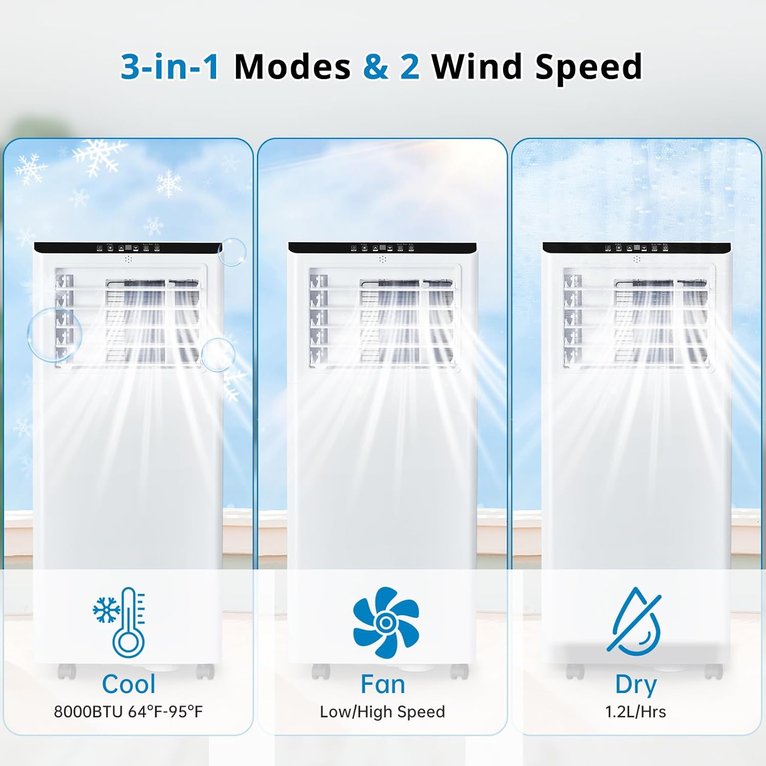 8000Btu Portable Air Conditioner with Remote Control,Quiet AC Unit with Cool, Dehumidifier & Fan Mode Room Cooling Up to 350 sq ft,24 Hour Timer, Window Installation Kit for Home, White