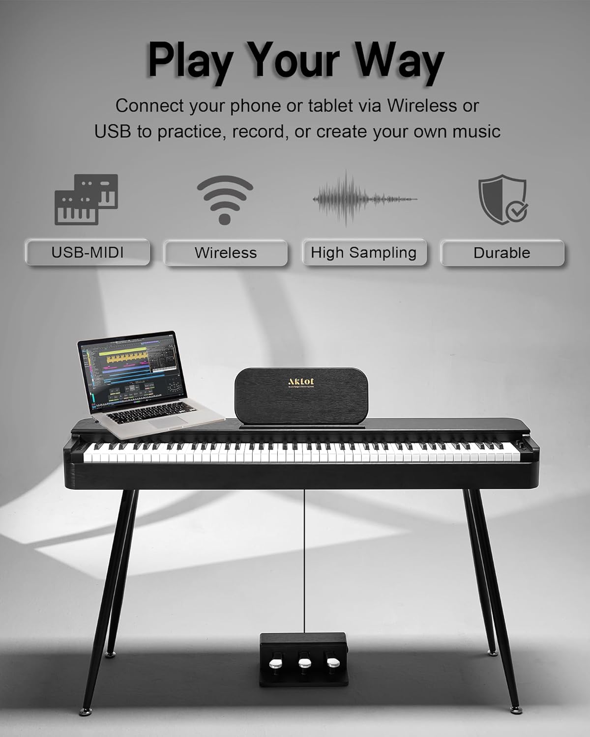 AKLOT Weighted Electric Keyboard Piano: 4 Essential Grand Piano Tone, 88 Graded Hammer Action Key, Round-Edge Design, Triple Pedal System & USB-MIDI Connectivity for Beginner, Home Use,LS01Air Black