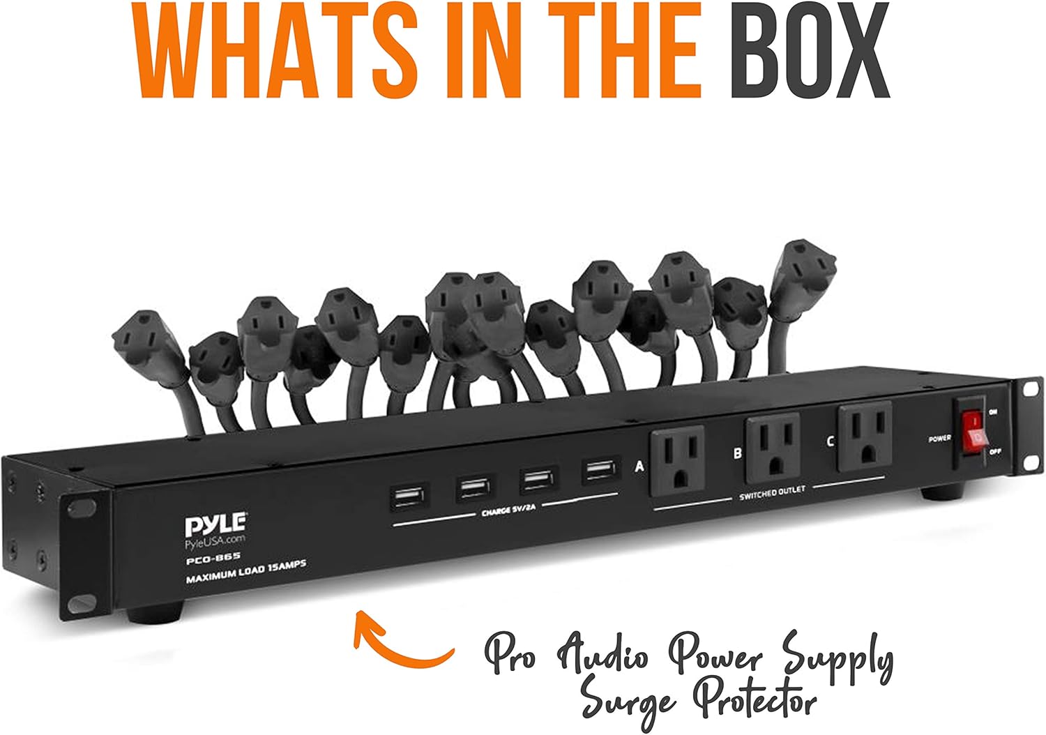 Pyle 19 Outlet 1U Rackmount Power Distribution Unit - Surge Protector - 15 Amp Circuit Breaker - 4 USB Ports - 15FT Cord - Power Supply for Servers, Audio Equipment, Home/Office Use - PCO865