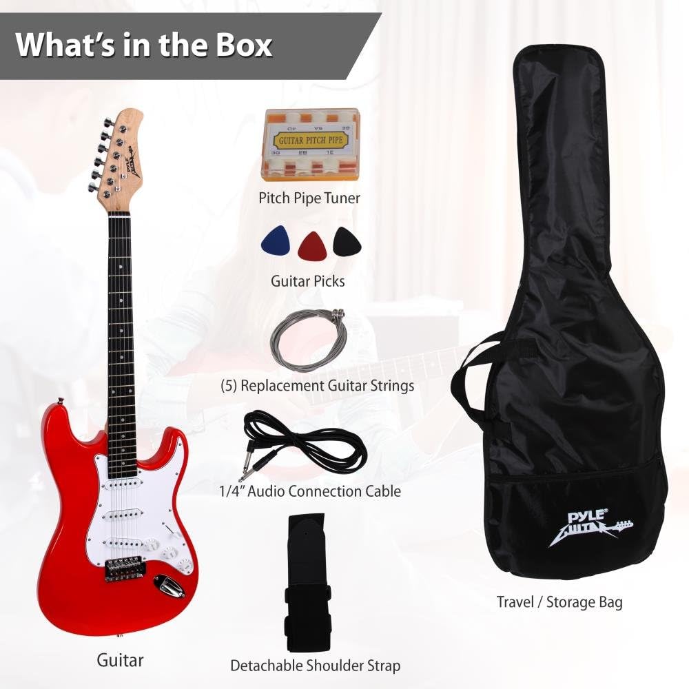 PylePro Full Size Electric Guitar Package w/ Amp, Guitar Bundle, Case & Accessories, Electric Guitar Bundle, Beginner Starter Package, Strap, Tuner, Pick, Ready to Use Out of the Box, Red (PEGKT15R)