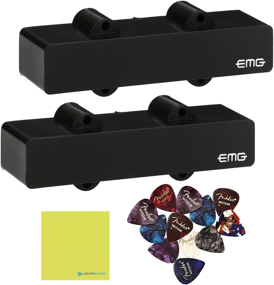 EMG J Active Bass Guitar Pickup Set, Black Bundle w/ 12x Guitar Picks, and Liquid Audio Polishing Cloth