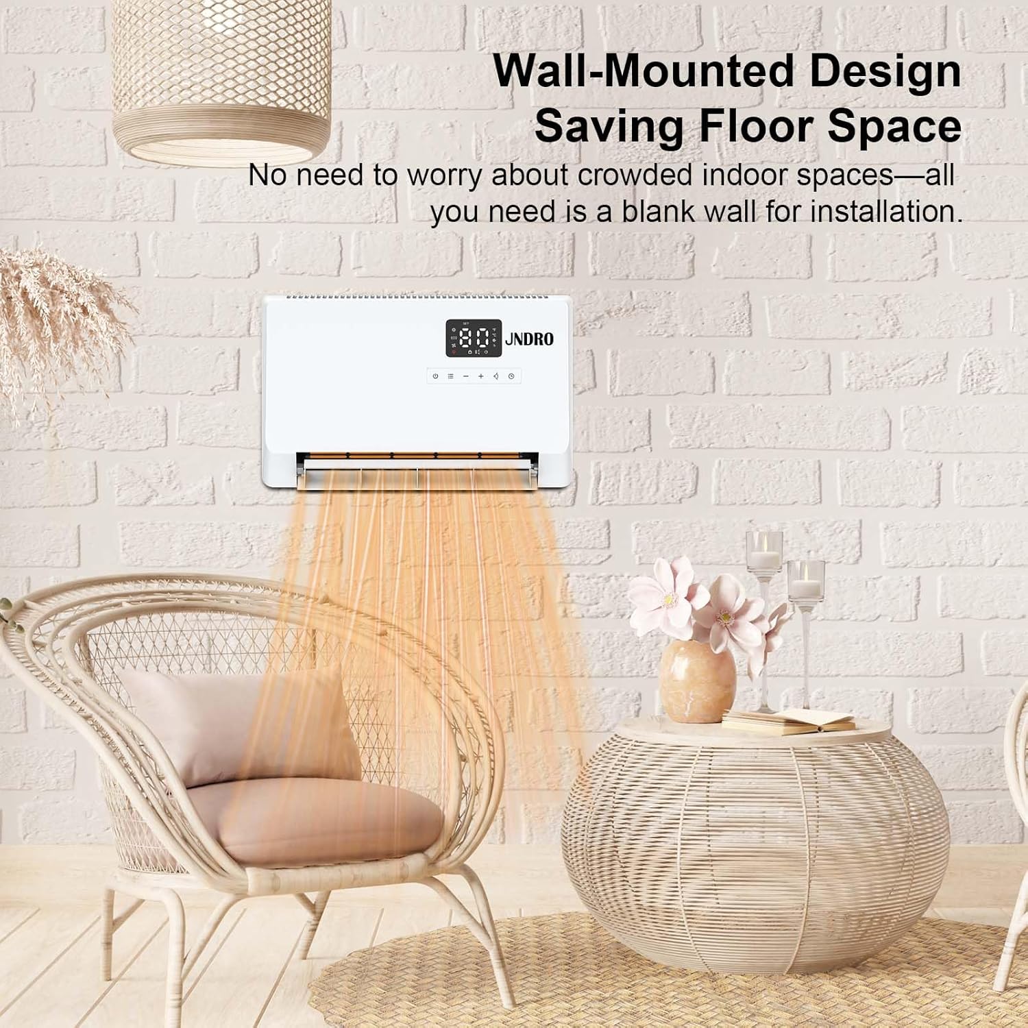 Wall-Mounted Space Heater with ECO Thermostat and Remote Control, LED Display, 60°/90°/120° Oscillation Modes, 24-Hour Timer, Indoor Electric Space Heater