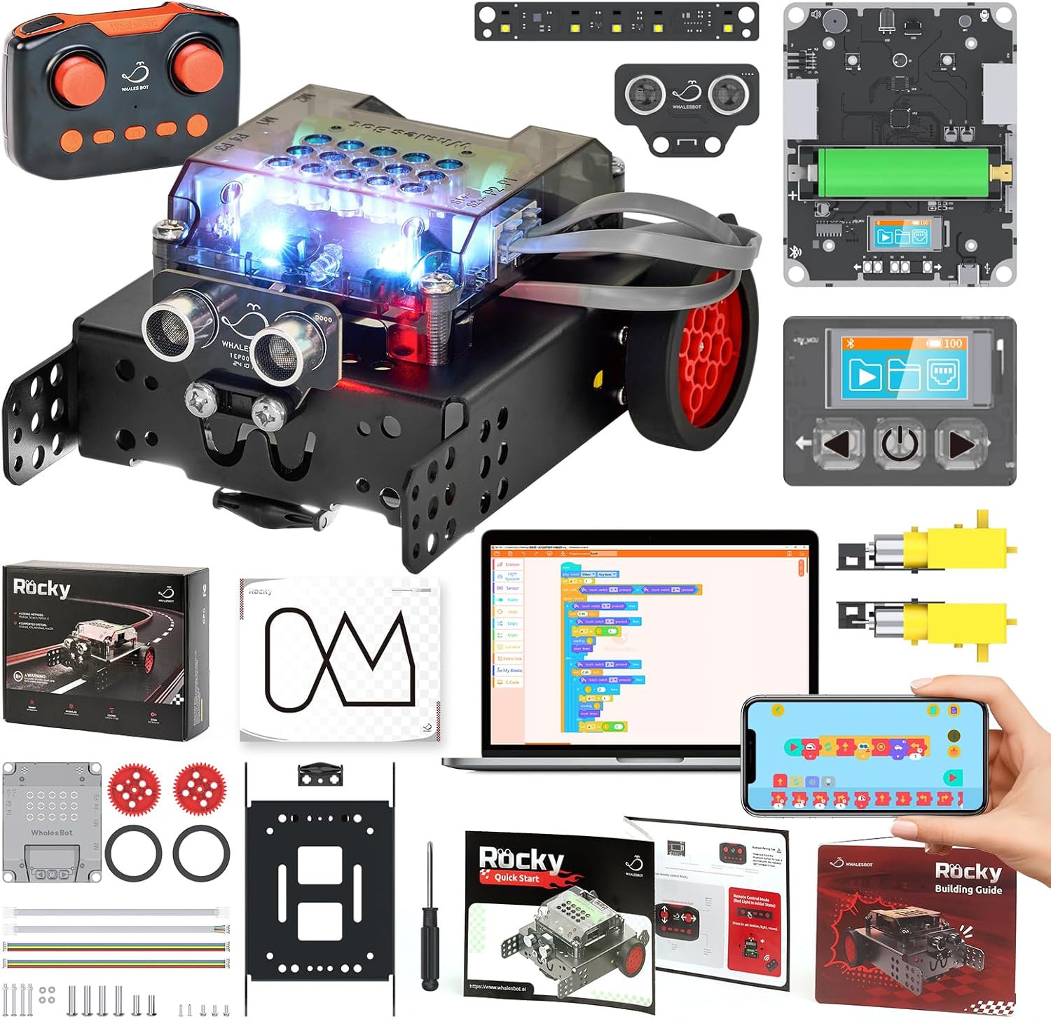 WhalesBot Rocky Smart Robot Car Coding & Remote Control Kit for Kids 8-16, STEM, Modular/Scratch/Python/C Programming, Educational Engineering Science Toy Set