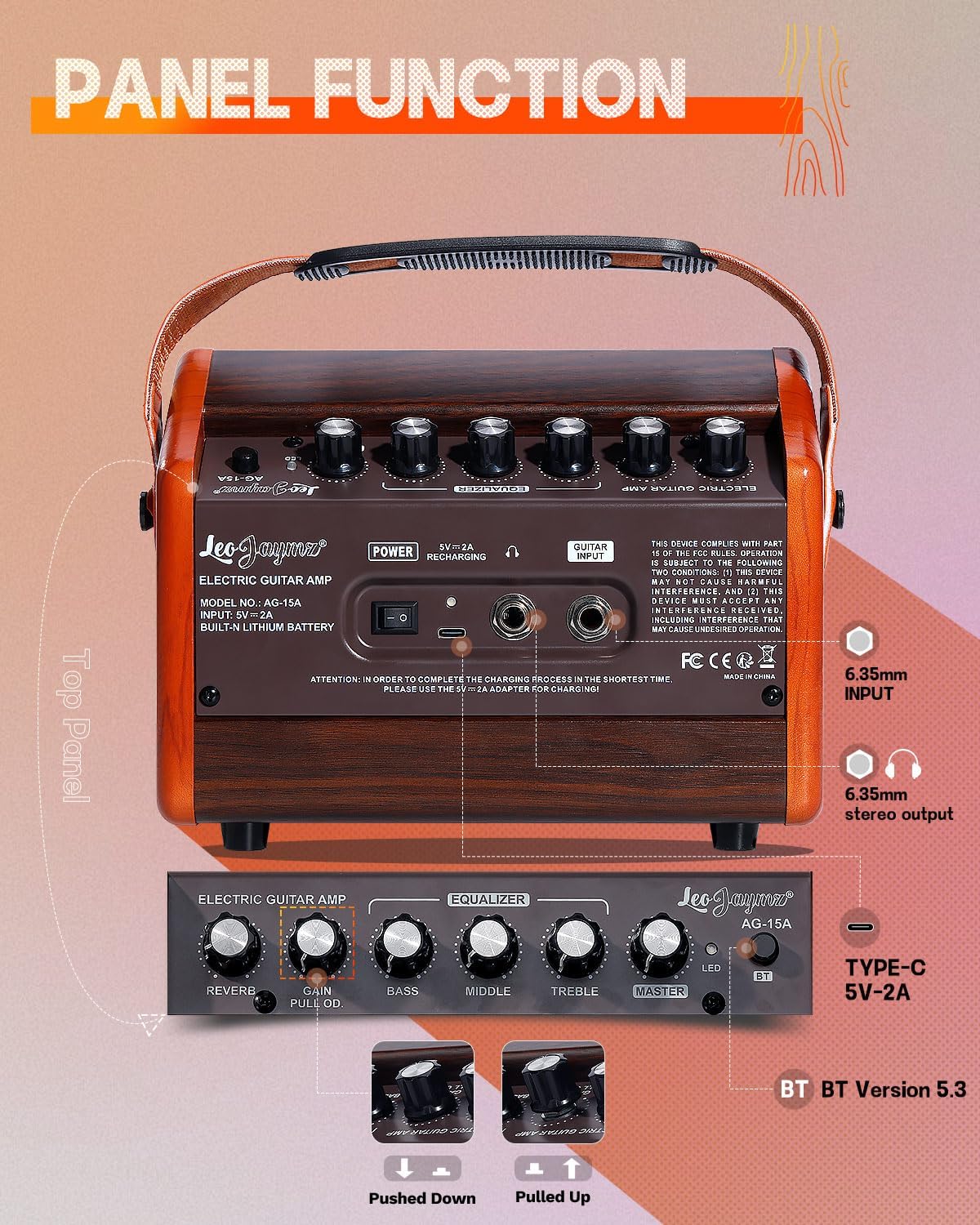Leo Jaymz 15W Portable Electric Guitar Amp with BT, Rechargeable Battery, Built-in Effects Reverb, Overdrive, EQ, Woodgrain Finish, and 6.35mm Headphone Jack (AG-15)