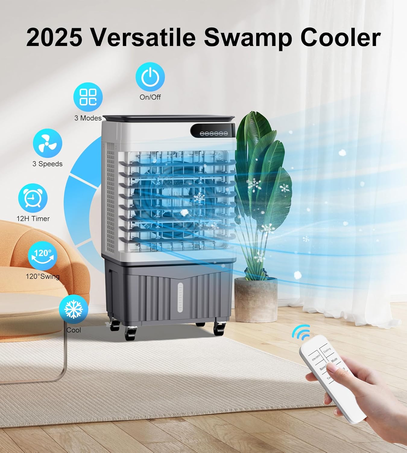 AKIRES 2300CFM Swamp Cooler,Evaporative Air Cooler with 7-Gal Water Tank,4 Ice Packs,Evaporative Cooler for Outdoor Patio Garage Commercial Industrial Use (34IN)