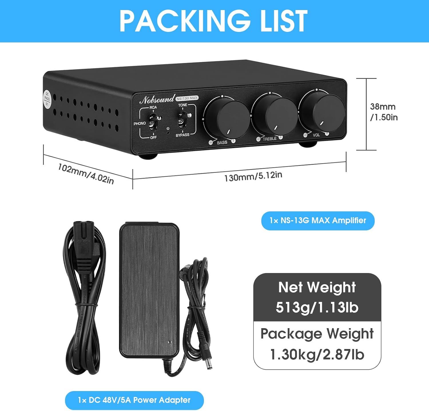 Nobsound 300Wx2 Stereo Amplifier with Phono Input - HiFi Class D Mini Power Amp for Home Theater, Turntables, Studio Monitor | TPA3255 Chip, RCA/MM Inputs, Bass/Treble Control (NS-13G MAX DC 48V)