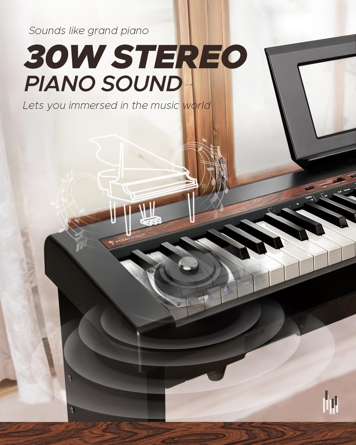 Starfavor SP-150W with Stand Digital Piano with Pedal, 88 Key Weighted Keyboard with Hammer Action,2x30W Speakers,200 Rhythms,238 Tones, Wood Grain Pattern, MIDI/USB
