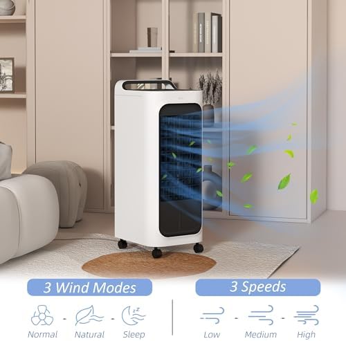 Windowless Portable Air Conditioner, Evaporative Air Cooler 3-IN-1 Portable AC Unit W/1.3 gal Gal Tank for 7H timer, Smart Remote, 90-degree Oscillation, Swamp Stand Up Air Conditioner for Bedroom
