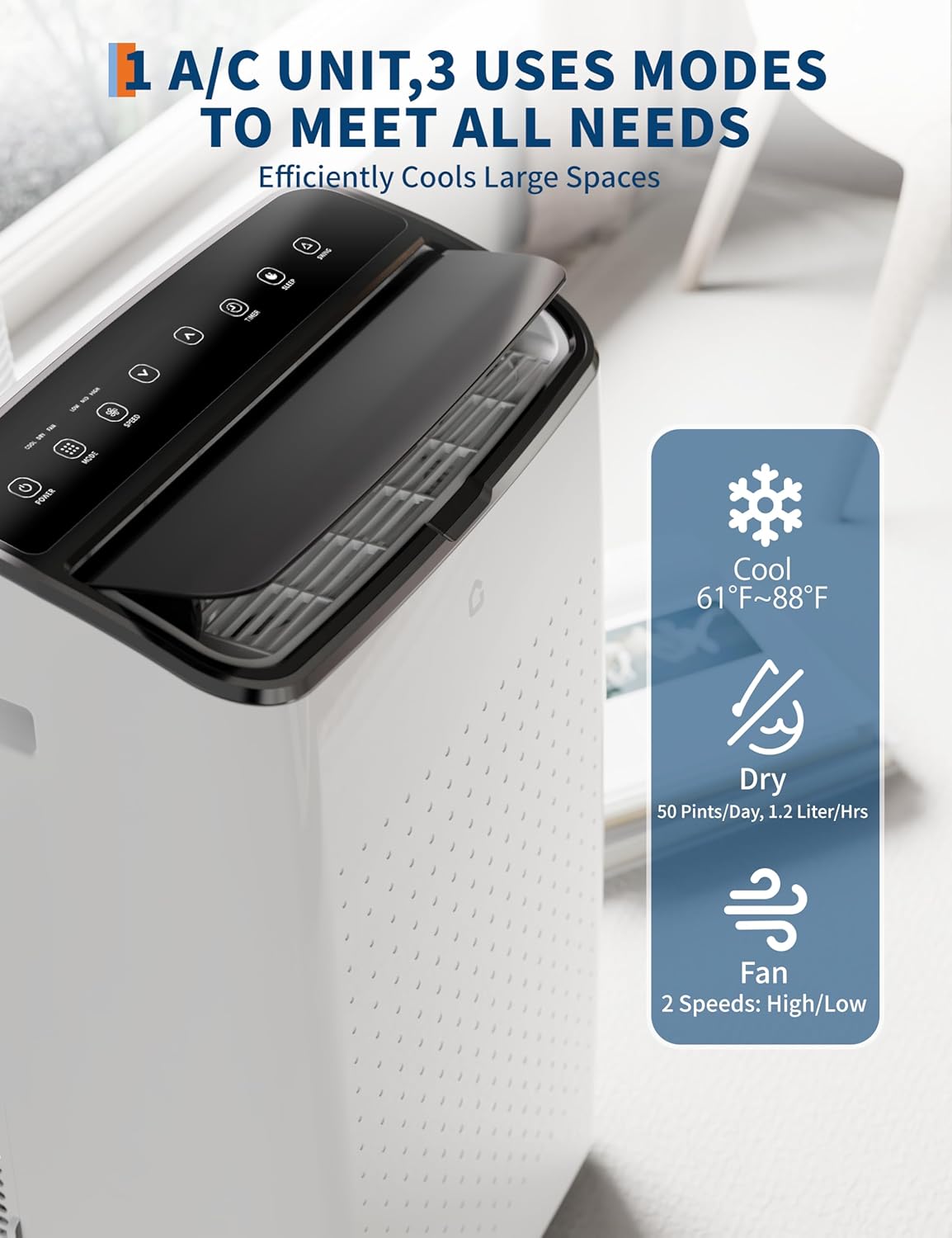 14,000 BTU Portable Air Conditioner, 3 in-1 Standing AC Unit with Dehumidifier and Fan, Remote and LED Touch Panel, Sleep Mode, Window Kit, Cools up to 750 Sq.Ft., Quiet Operation, Black Top