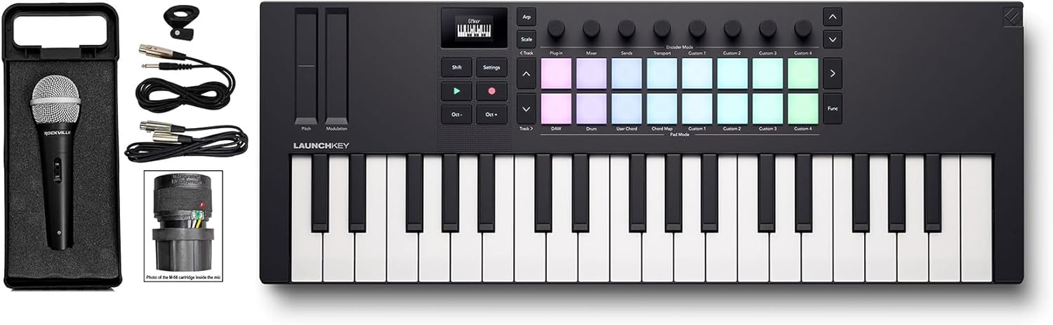 Audiosavings Bundle: Novation LAUNCHKEY MINI 37 MK4 37-key MIDI Ableton Live Keyboard Controller Bundle with Rockville RMC-XLR High-End Metal DJ Handheld Wired Microphone Mic (2 Items)