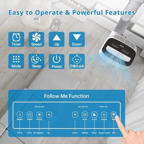 14000 BTU Room Portable Air Conditioner, 3-In-1 Free Standing Cooling AC With Fan & Dehumidifier Up to 700 Sq.Ft, Remote Control with Smart/Sleep Modes, 3 Speeds, Auto Swing & 24H Timer