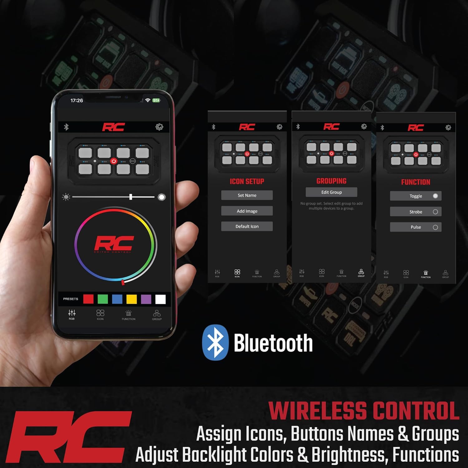 Rough Country 8-Gang Bluetooth RGB Backlit Switch Panel & Relay System - Universal Light & Off-Road Accessory Controller for Truck, Jeeps, UTV, 60A