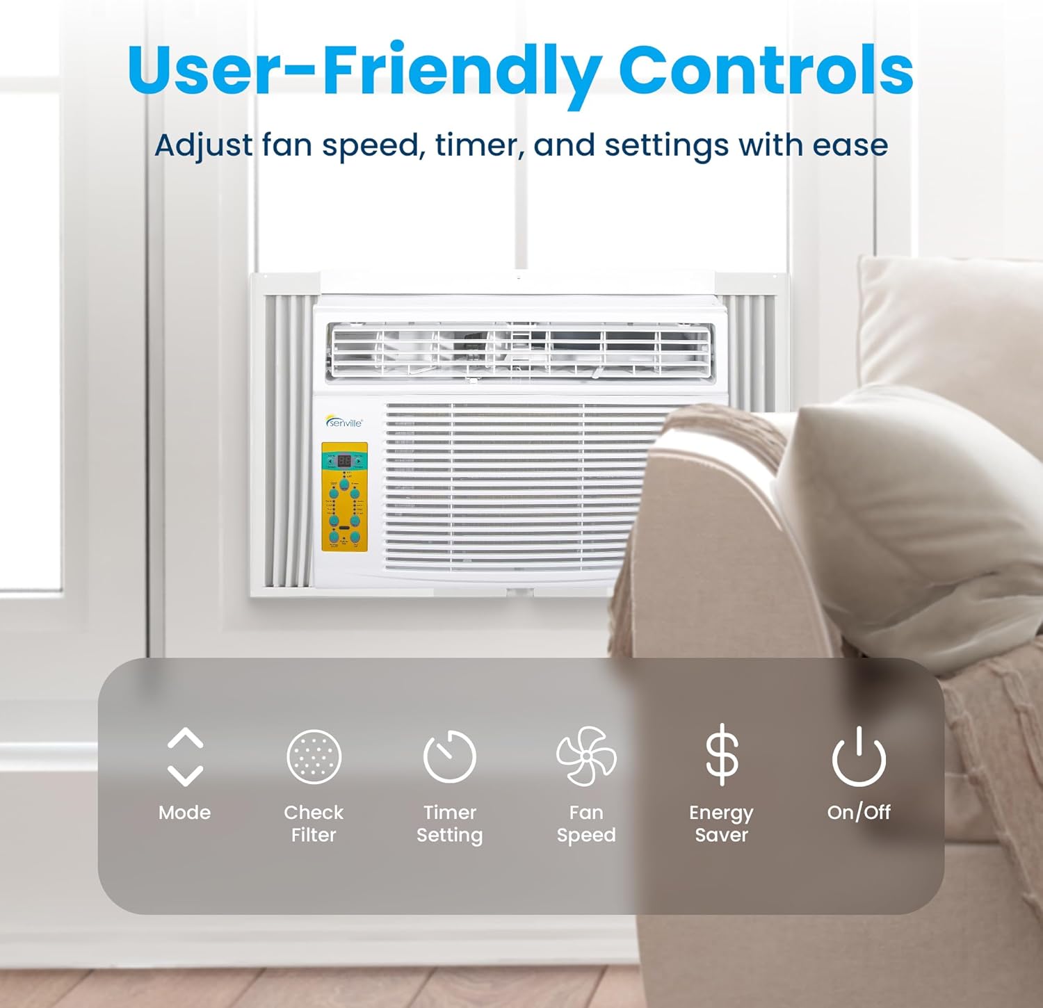 Senville 10,000 BTU Window Air Conditioner, Cools Up to 450 Sq. Ft., Easy to Use, Washable Filter
