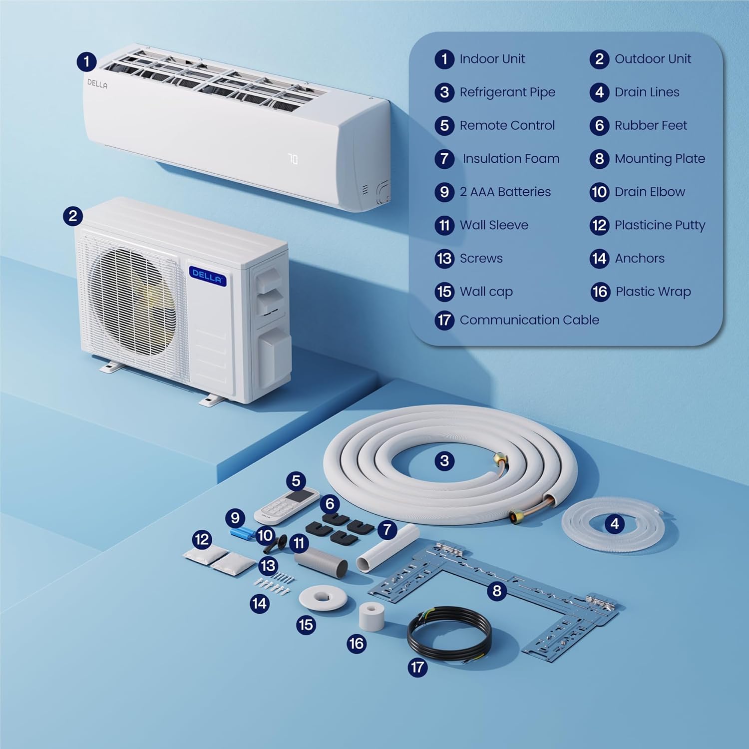 DELLA Econo Series 11500 BTU 115V Mini Split Air Conditioner, Works with Alexa and Wifi, 17 SEER2 Cools up to 400 Sq. Ft, Heater Ductless Inverter System with Heat Pump, 16.4ft Installation Kit