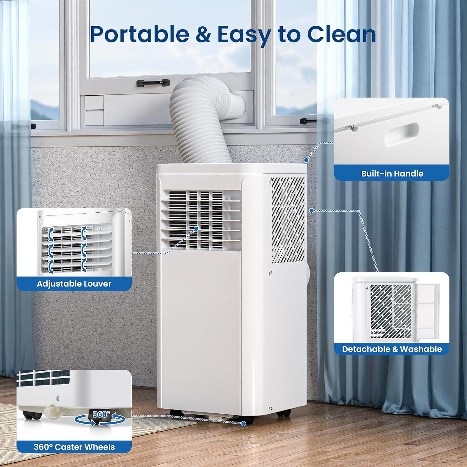ZAFRO Portable Air Conditioners, 10000 BTU, 3 in 1 Portable AC Unit with Window Kits, Fan & Dehumidifier Modes, Cools up to 450 Sq.Ft, LED Display/Remote Control, 24H Timer for Living Room, Bedroom
