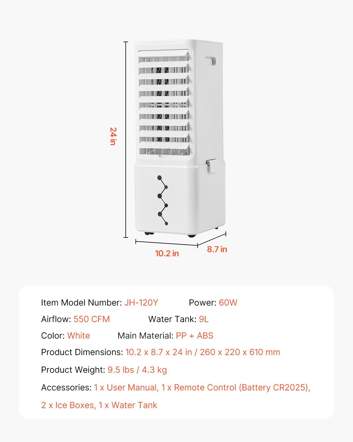 VEVOR Portable Air Conditioner, 9L 550 CFM Swamp Cooler Air Conditioner with 12H Timer & Remote Control, 3-Speed Evaporative Air Cooler with 2 Ice Boxes, Quiet & Movable, Ideal for Outdoor Indoor Use