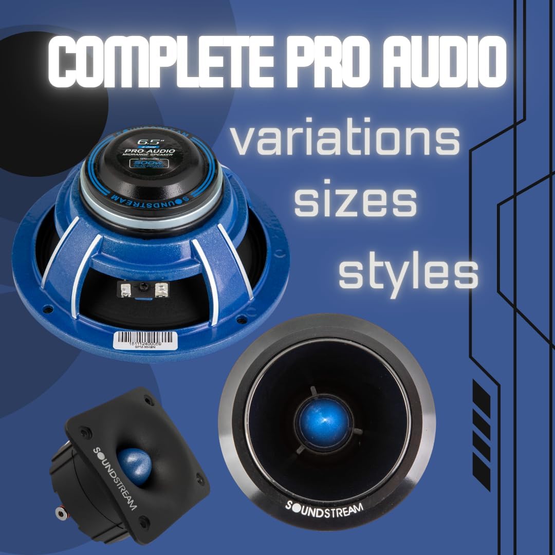Soundstream SPM.654BN – Pro Audio 6.5 Inch Midrange Car Speaker | High Performance SPL Speakers for Loud Sound | 500W Max 6.5” Car Door Speakers with Bullet Tweeter and Aluminum Basket - Pair