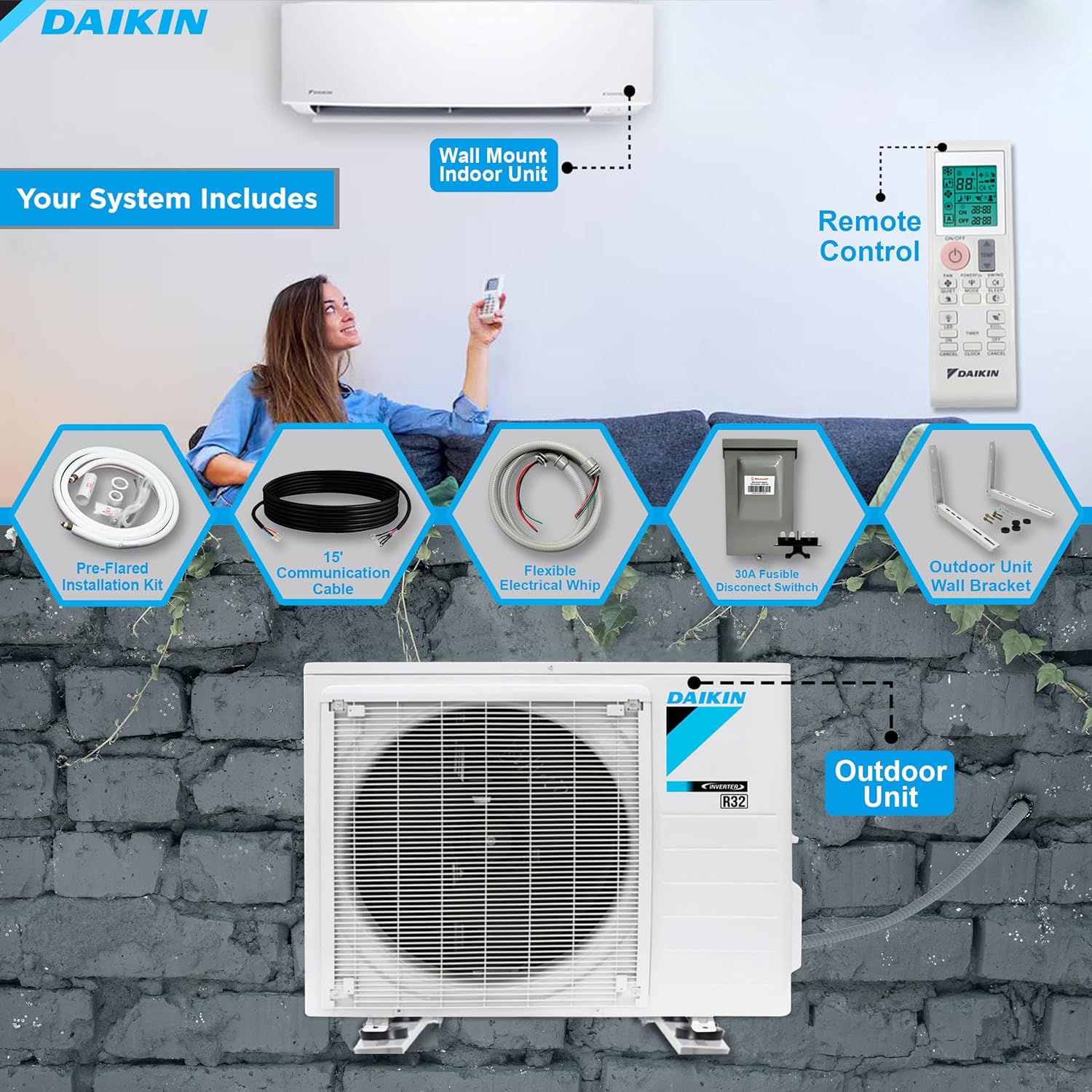 Daikin 9,000 BTU 18 SEER2 Ductless Mini-Split Wall Mount Heat Pump Air Conditioner - R32 w/ 15' Installation Kit, 1/2 Whip, 30A Disconnect, and Wall Bracket