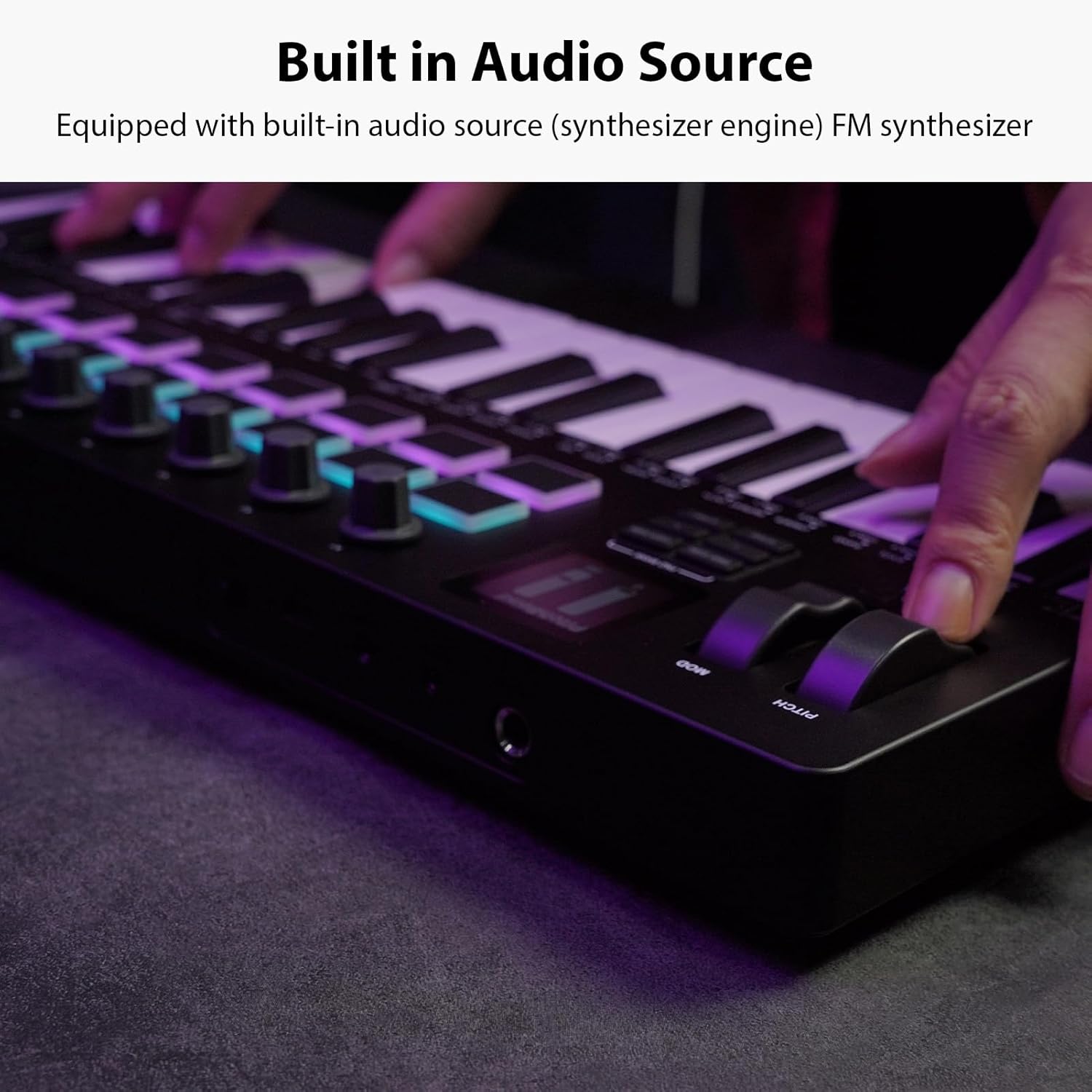 Alomejor Keyboard Piano, 37 Key USB MIDI Keyboard Controller, 16 RGB Backlit Drum Pads 8 Knobs 4 Faders Built in Sound Source Synthesizer Engine