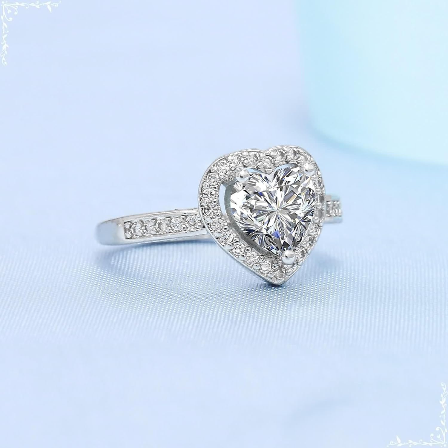 Heart Wedding Ring, Womans Rings Moissanite Silver Statement Band 18K White Gold for Fiancée