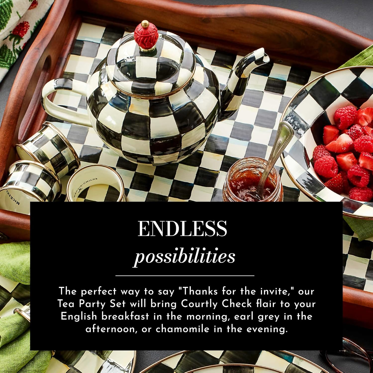 MACKENZIE-CHILDS Enamel Tea Party Set, Unique Teapot and Teacups, Tea Accessories Set, Black-and-White Courtly Check