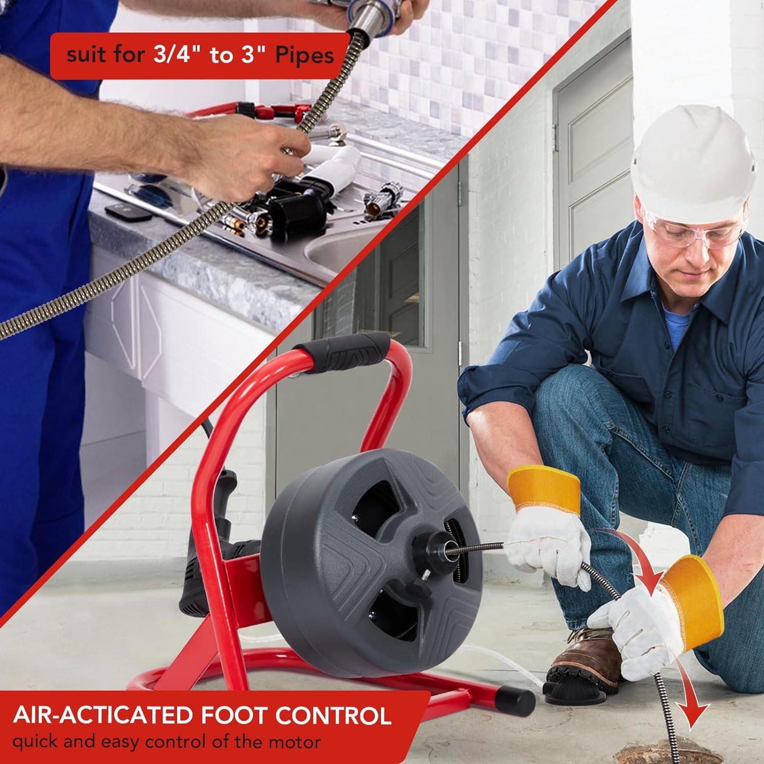 PioneerWorks 50Ft x 5/16 Inch Drain Cleaner Machine, Drain Auger Professional for 3/4 to 3 Inch Pipes, Foot Switch with 6 Cutters, Gloves, Drain Auger Cleaner Sewer Snake