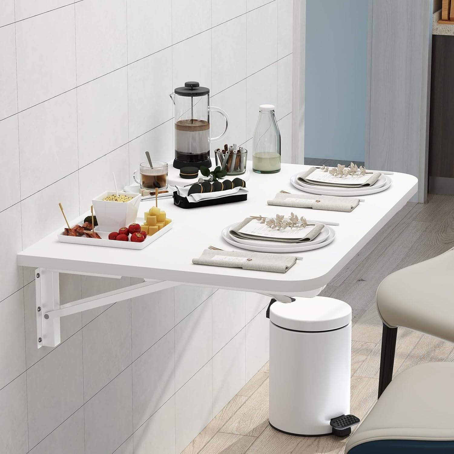 Wall Mounted Folding Table - Collapsible Desk for KitchenLaundry & Sewing Station - Space-Saving Floating Table (90x50cm) - Versatile Handicraft Production BarWhite