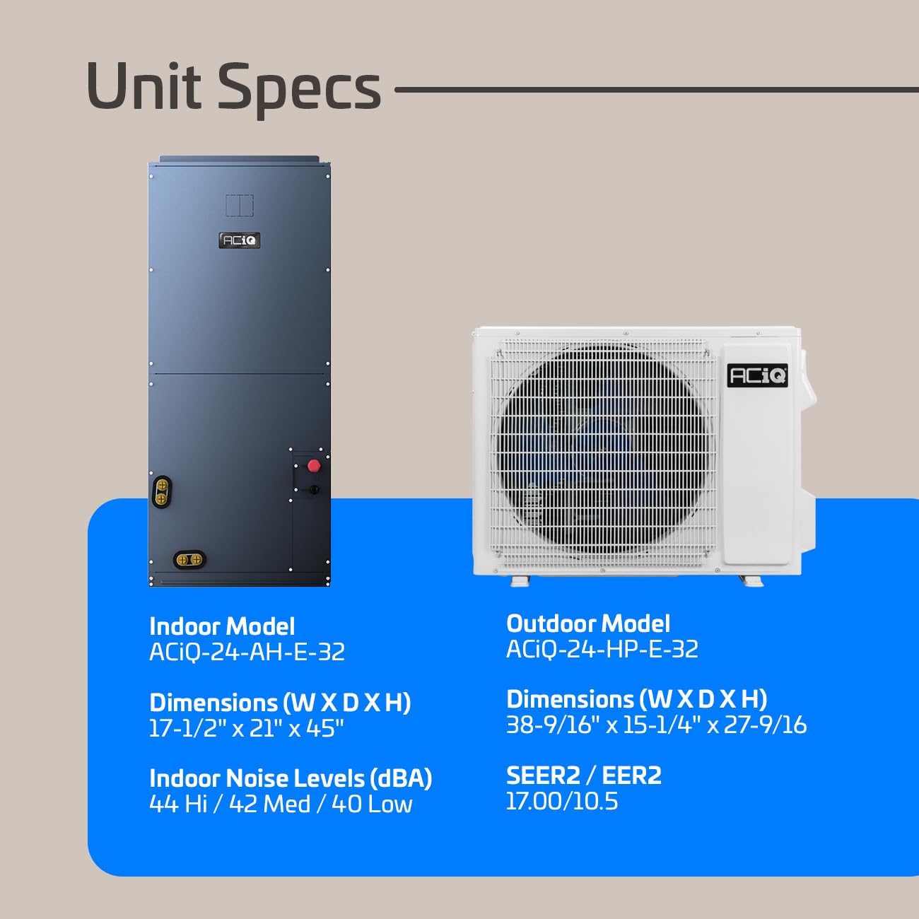 ACiQ Essentials 2 Ton 17 SEER2 Central Inverter Heat Pump Split System with 10kW Back-up Heat Kit & 50' Install Kit - R32 | 24000 BTU, High Efficiency, Upflow/Left Horizontal, Heat AC/Heating System