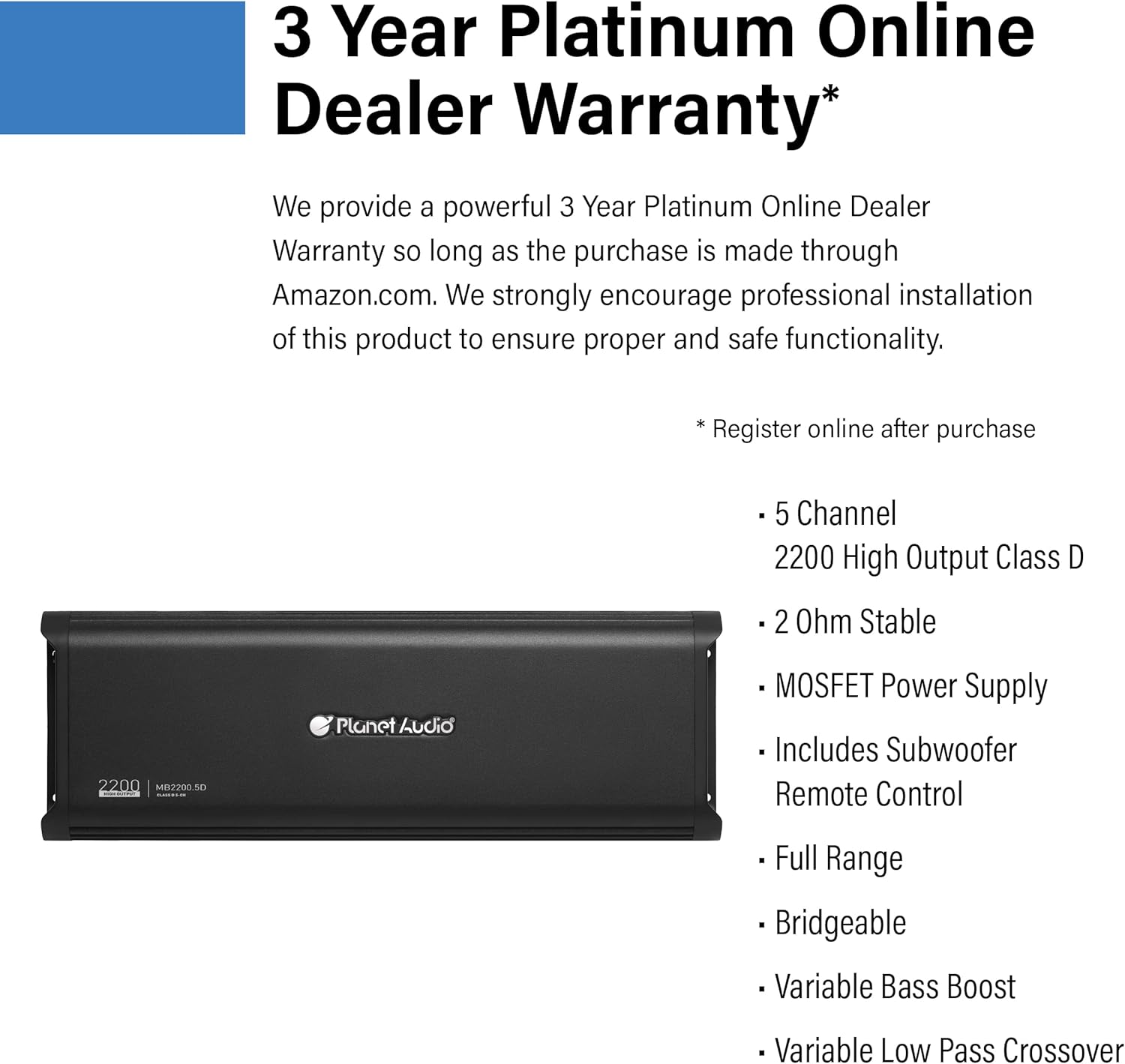 Planet Audio MB2200.5D 5 Channel Car Amplifier - 2200 High Output, 2-8 Ohm Stable, Low/High Level Inputs, Low/High Pass Crossover, Bass for Subwoofer