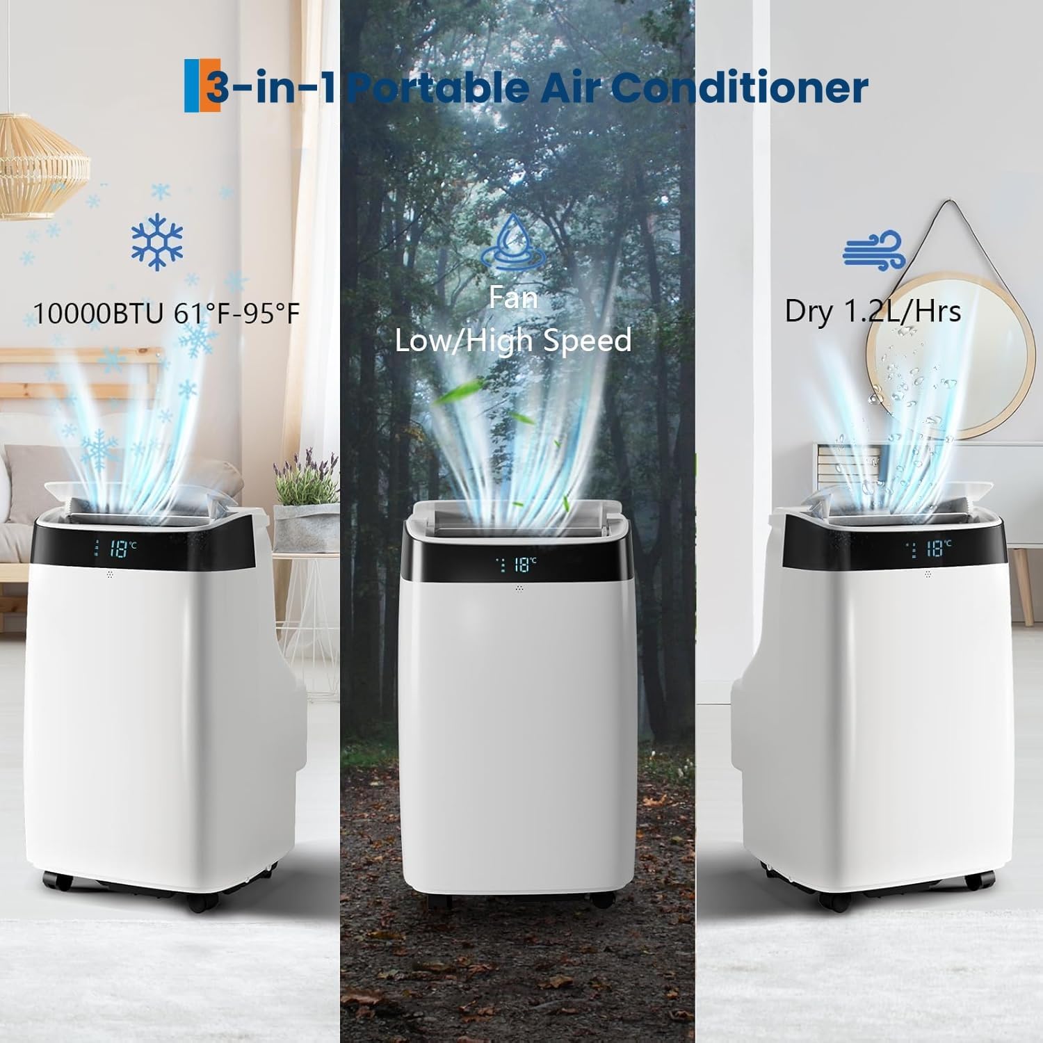 10000 BTU Portable Air Conditioner - 3 in-1 Cooling, Dehumidifier & Fan with Quiet Operation, Sleep Mode, 24H Timer & Energy Savings, for Rooms Up to 450 Sq.Ft, Includes Remote Control, Reusable Filt