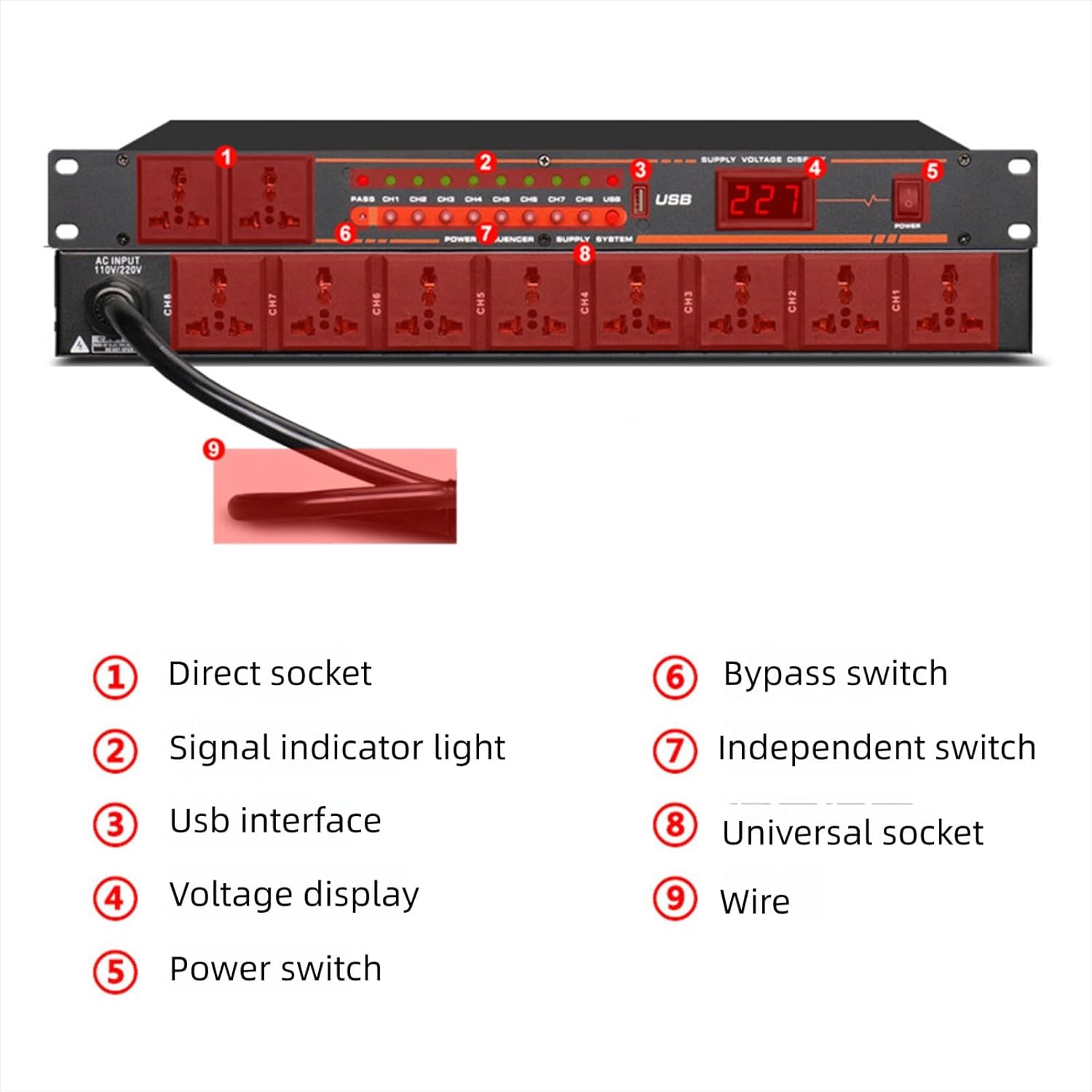 10 Outlet Power Sequencer Conditioner, Audio Digital Power Supply Controller Regulator with Voltage Readout & Surge Protector, for Home Theater Stage Studio Use (US Plug)