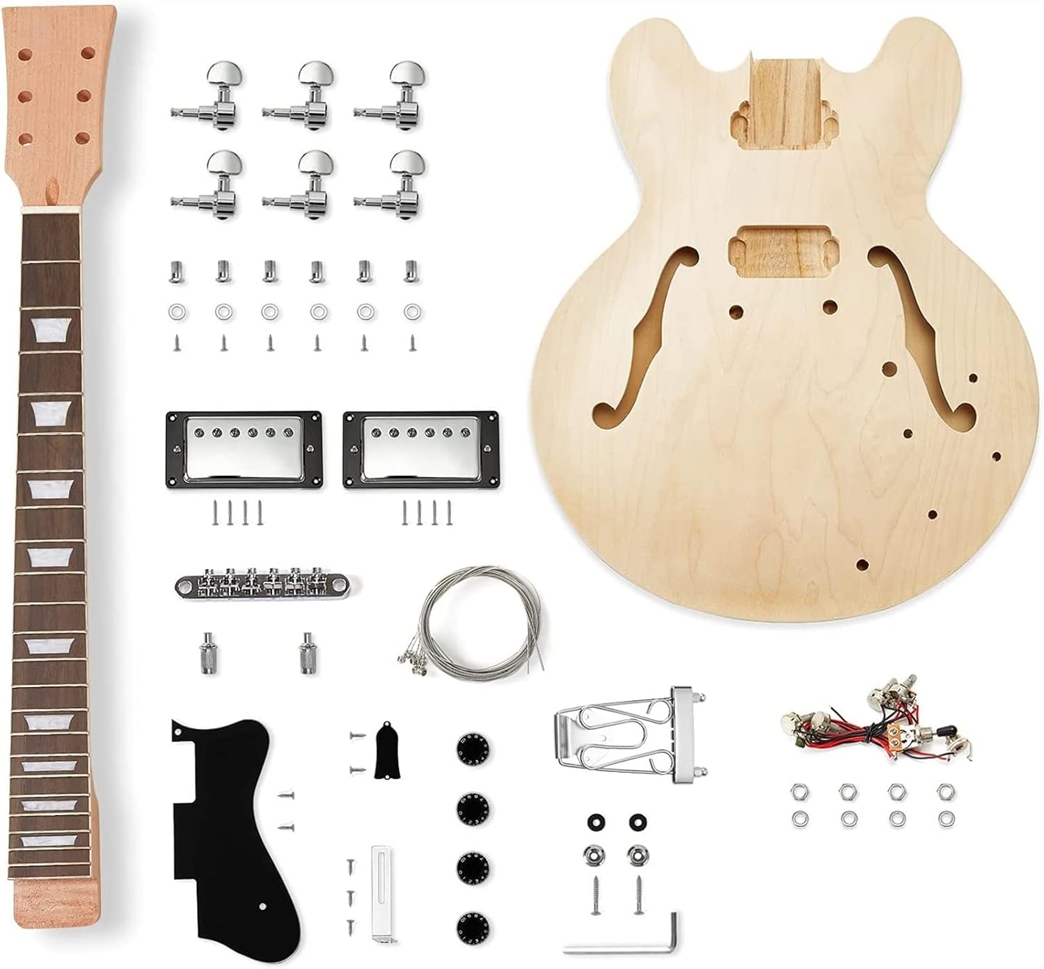 FLFL 6-Strings Semi-Hollow Quilted Basswood Top DIY Electric Guitar Builder Kit Unfinished Guitar Kit