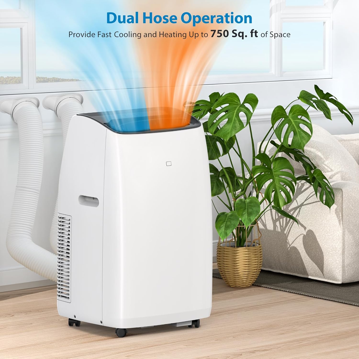 14,000BTU Inverter Dual Hose Cooling Portable Air Conditioner, Heater, Dehumidifier & Fan w Remote Control, Standing AC Unit Sleep Mode 42db, 24H Timer, Cooling up to 750 Sq Ft w Window Kit