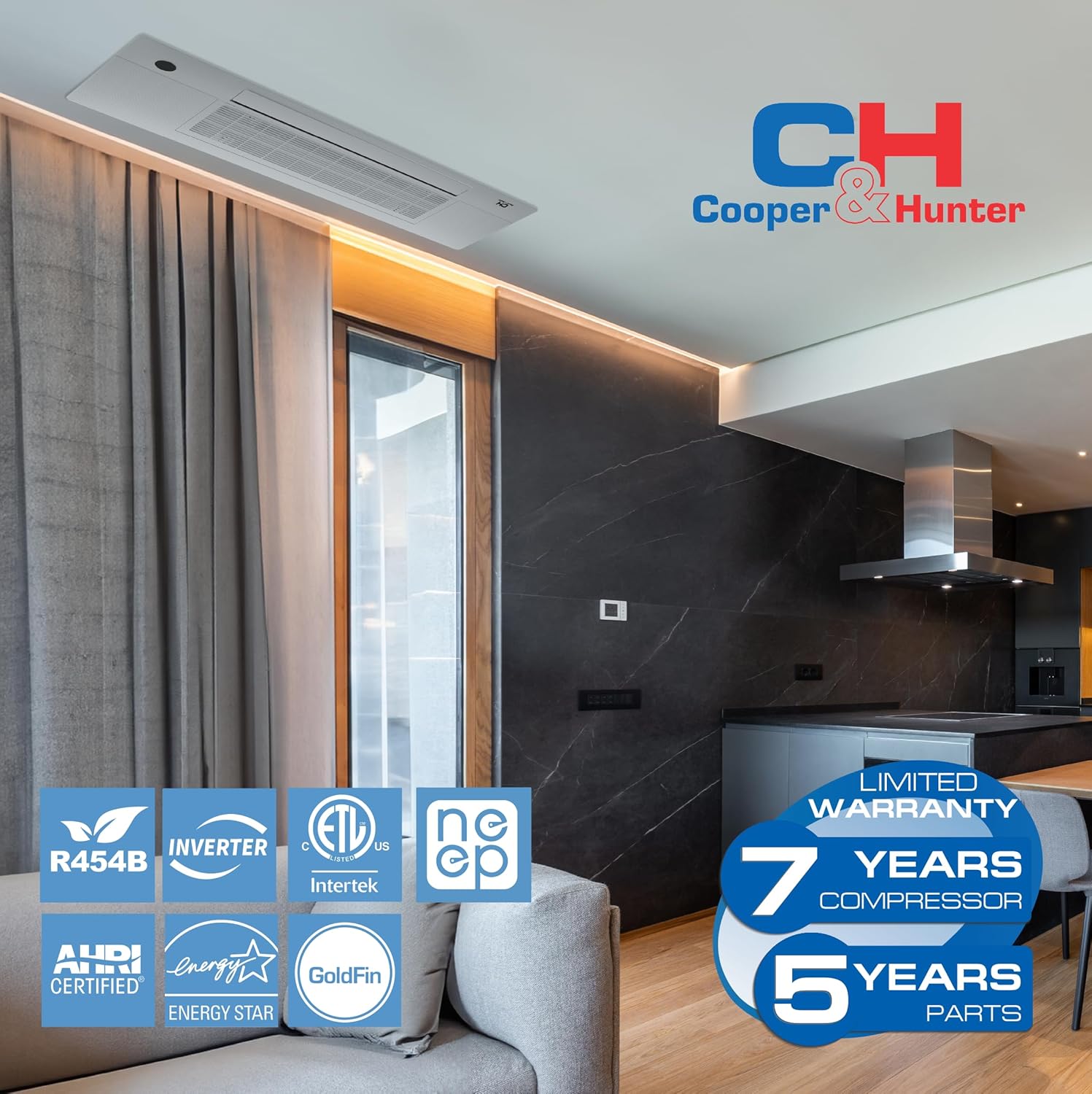 Cooper & Hunter 6,000 BTU Single Zone One-Way Ceiling Cassette Ductless Mini Split Air Conditioner & Heat Pump – 22.1 SEER2 – Smart Wall Thermostat – 25FT Installation Kit – 230V