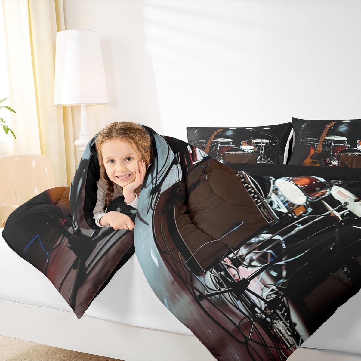 Retro Drum Kit King Bedding Set for Kids,Pop Music Comforter Bed Set Boys Men Bedroom Decor,Boys Girls Rock Music Themed Quilt Set for Child Bedroom 3 PCS,Musical Duvet Insert,2 Pillow Cases