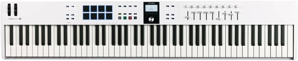 Arturia KeyLab Essential 88 mk3 Full-size Universal Midi Controller, White Bundle w/Deluxe Sustain Pedal & Liquid Audio Polishing Cloth