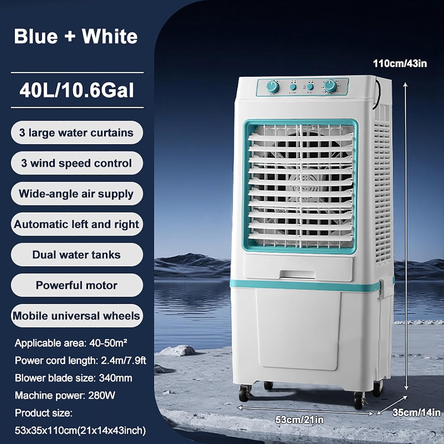 Swamp Cooler Air Conditioner Portable, 3-Speed Fan, 9000CFM Powerful Evaporative Air Cooler, 3-IN-1 Humidifying Cooling Fan for Home, Shop, Factory, Garage(Blue)