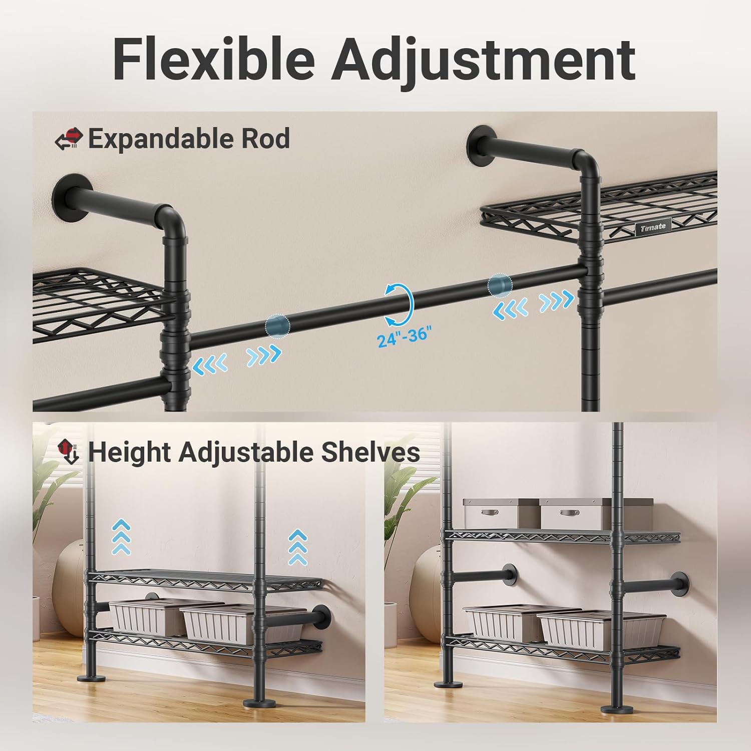Timate L5 Expandable Closet Rack Wall Mount for Corner, L Shape Heavy Duty Hanging Garment Rack Clothing Rack with 8 Adjustable Shelves & 4 Hanger Rods, Closet System for Hanging Clothes, Black