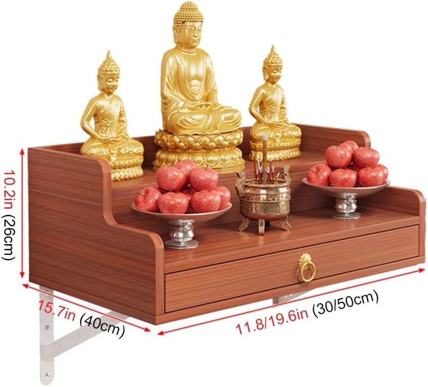 Space-Saving Stepped Buddha Altar Shelf Wall-Mounted/Countertop Sacred Shelf for Buddha Statues & Offerings Wall Cabinet Buddha Cabinet Niche with Drawer(Teak,11.8in)